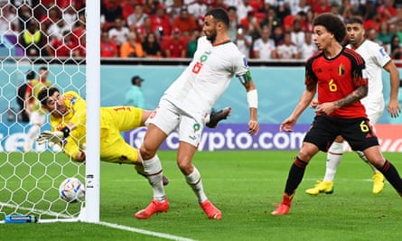 Belgium goalkeeper Thibaut Courtois is beaten by Abdelhamid Sabiri’s free-kick