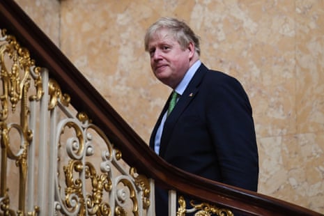 Boris Johnson on the staircase at Lancaster House this morning.