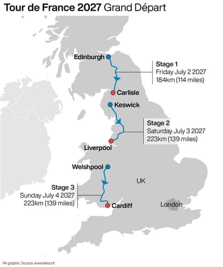 The 2027 Grand Départ of the men’s Tour de France takes in three stages across six British towns and cities.