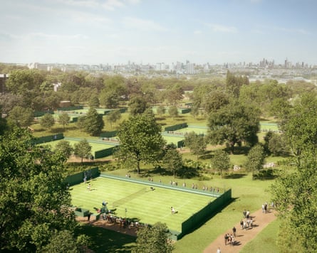 Aerial view of tennis courts in an extensive green space