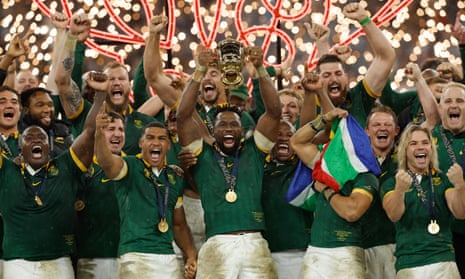 South Africa's Siya Kolisi lifts the William Webb Ellis trophy after his Sprinboks team defeated New Zealand to retain the Rugby World Cup.