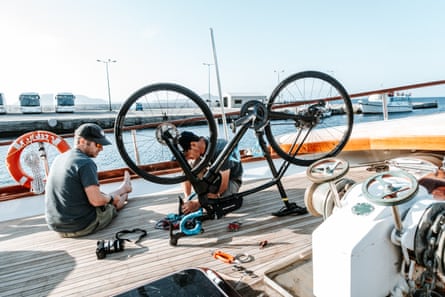 Bike repairs on a boat near Nisyros, Greece