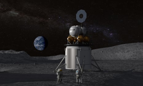Artist’s concept of a human landing system and its crew on the lunar surface with Earth near the horizon.