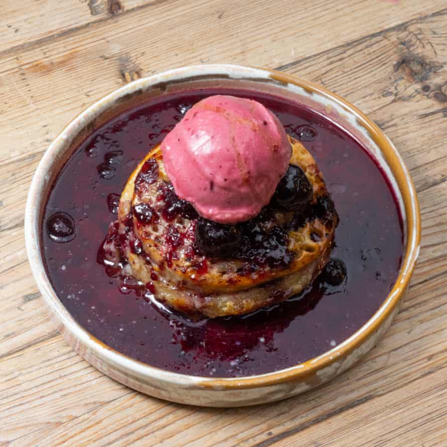 'A fearsome, rib-sticky challenge of a dessert'; bread and butter crumpet pudding with sorbet at Cafe 52, Aberdeen.