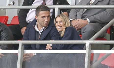 Sam Burgess with his fiancee Phoebe Hooke at the England v France game on Saturday