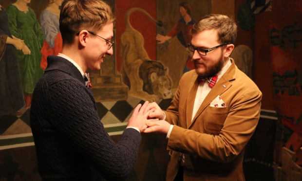Yevgeny Voitsekhovsky and Pavel Stotsko (right) wed in Denmark, where same-sex marriages have been legal since 2012.