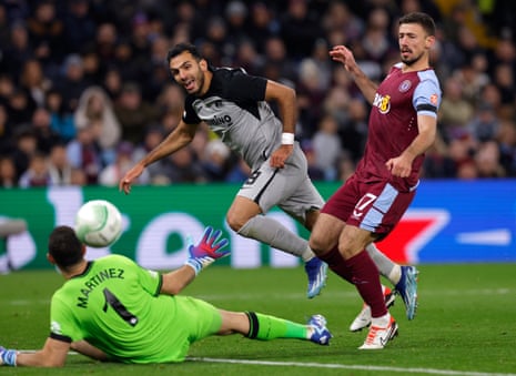 AZ Alkmaar’s Vangelis Pavlidis scores opens the scoring against Aston Villa.