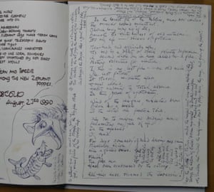 Ted Hughes comic of the Morrigu Eating the Dagda, plus marginal notes and Trenchford on Dartmoor poem in Cooke and Valentine's guest book.