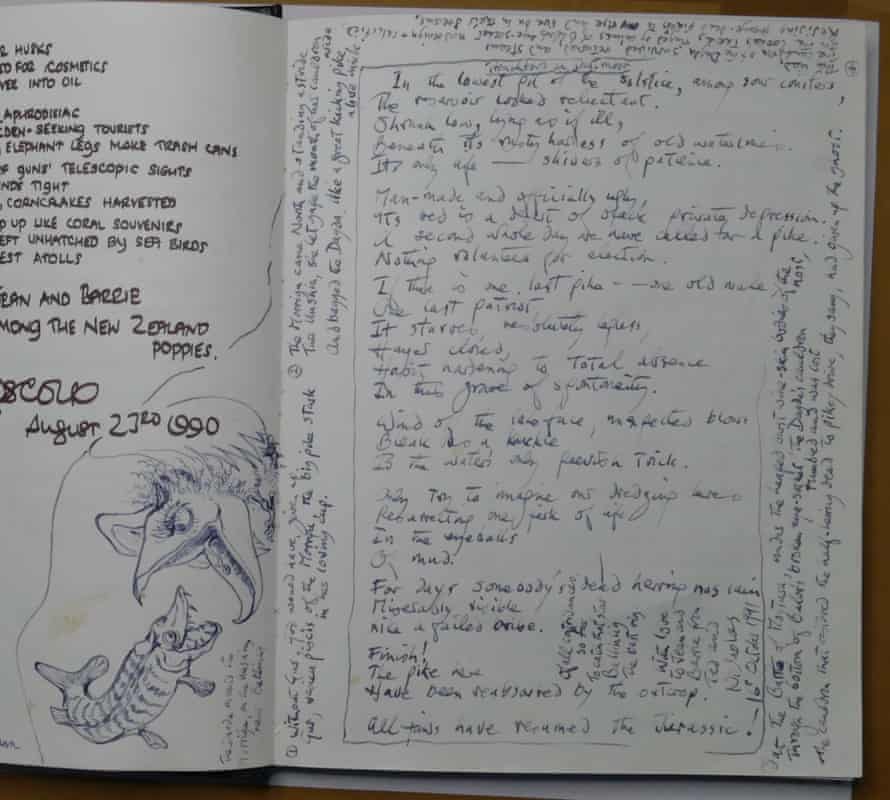 Ted Hughes cartoon of the Morrigu eating the Dagda, plus marginal notes and poem Trenchford on Dartmoor in the guest book of Cooke and Valentine.