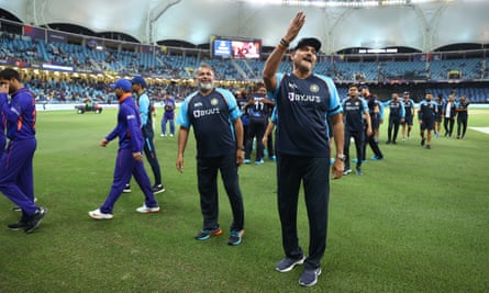 Shastri celebrates with his players during the T20 World Cup in Dubai last year, his last tournament as India’s head coach.