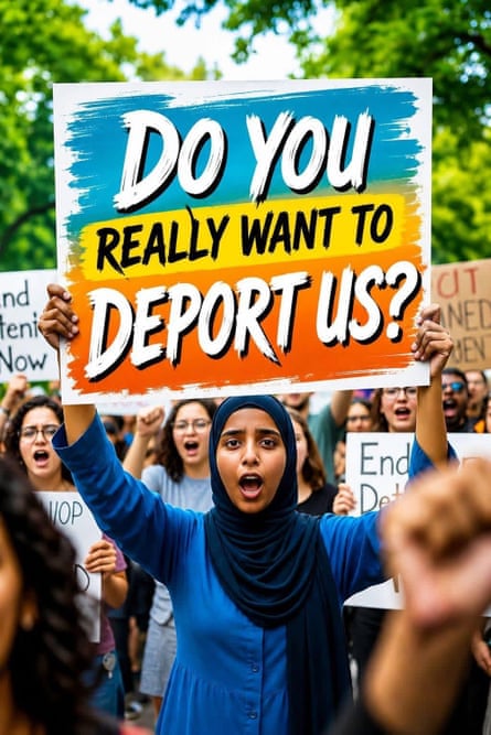 An AI-generated image showing a fake crowd of protesters holding up a sign saying, ‘Do you really want to deport us?’