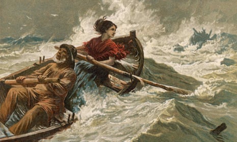 Illustration of Grace Darling and her father courageously rowing through stormy seas to rescue shipwreck survivors in 1838. The rough waves and distant wreckage highlight the bravery and determination of this British maritime heroine.
