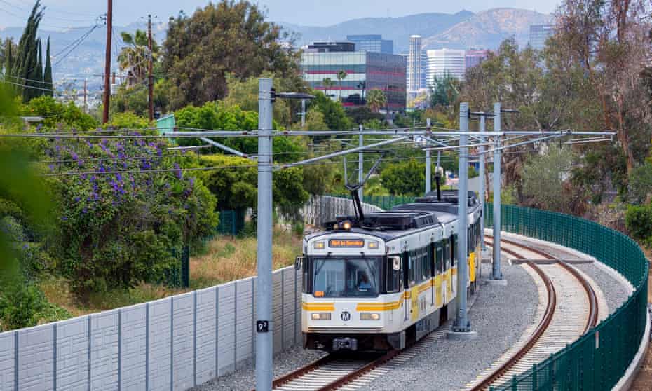 A train heading to Santa Monica from LA on the extended Expo Line.