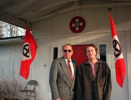 Jon Ronson and Thom Robb outside a Klan building