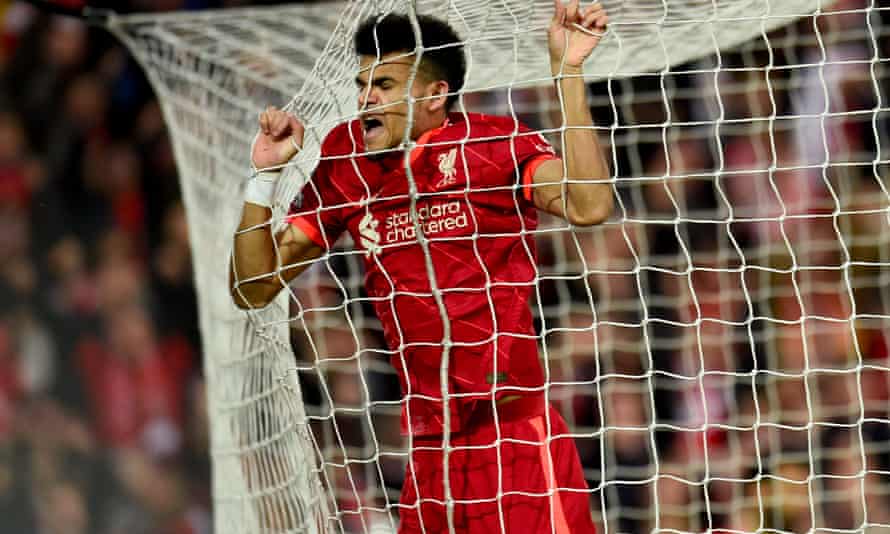 Luis Diaz celebrates after scoring the opening goal in Liverpool’s 4-0 trouncing of Manchester United at Anfield in April 2022.