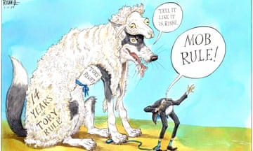 Rishi Sunak cries "Mob rule!" as the Tory right, a wolf in sheep's clothing, looks on.