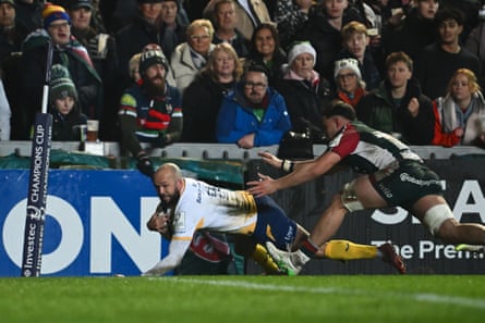 Jamison Gibson-Park scores Leinster’s first try against Leicester in the Champions Cup.