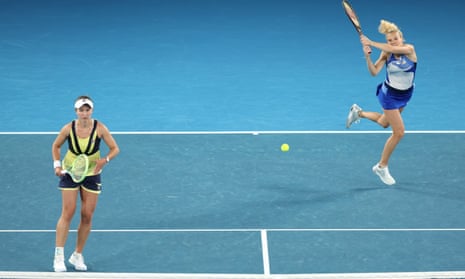 Katerina Siniakova of the Czech Republic plays a backhand in the Women’s Doubles Final