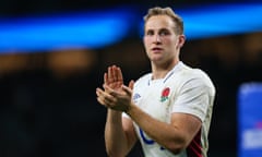 Max Malins applauds the England fans after an impressive display from the bench against South Africa.