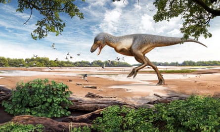 An artist’s reconstruction of the 67m-year-old cretaceous period landscape of North Dakota with a juvenile Tyrannosaurus rex.