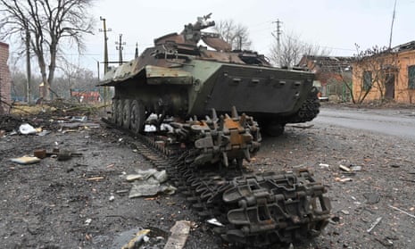 A destroyed Russian armoured personnel carrier in Vovchansk, Kharkiv.