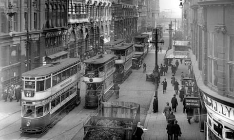 Trams in Oxford Road, Manchester, circa 1921.