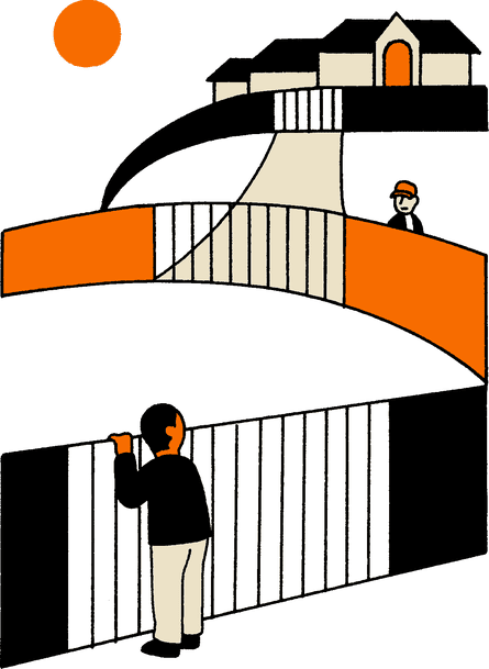a man looks at a neighbor behind multiple fences in a gated community #F56A00