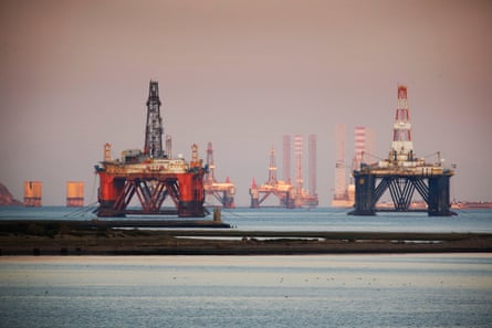 Oil and gas drilling rigs on the ocean.