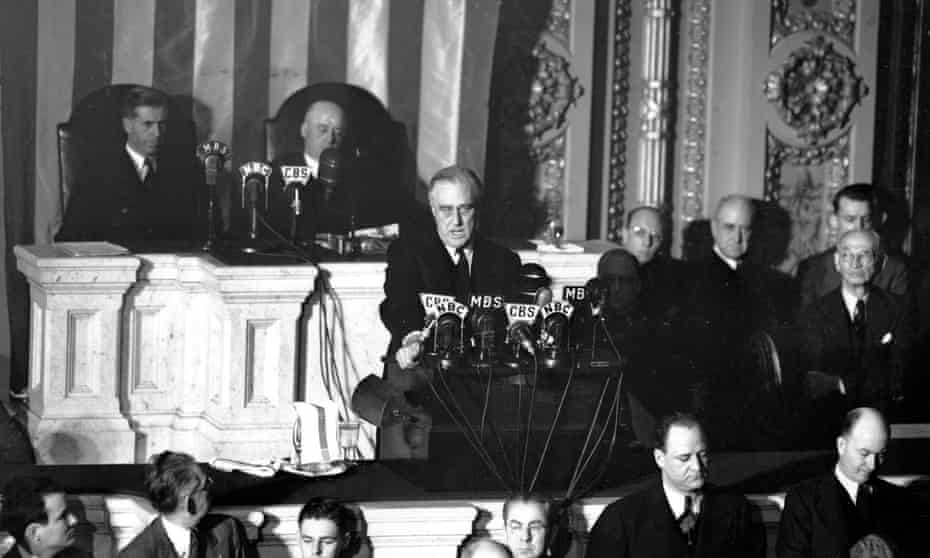 President Franklin D Roosevelt in Congress appealing for a declaration of war against Japan, 8 December 1941