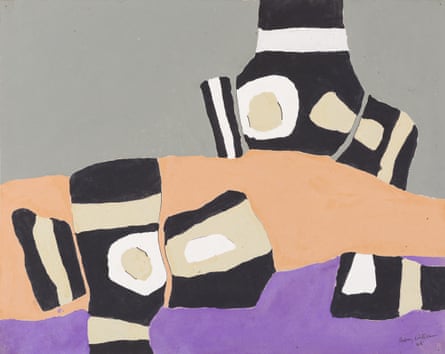 Abstract painting in black, white, beige, sand and purple