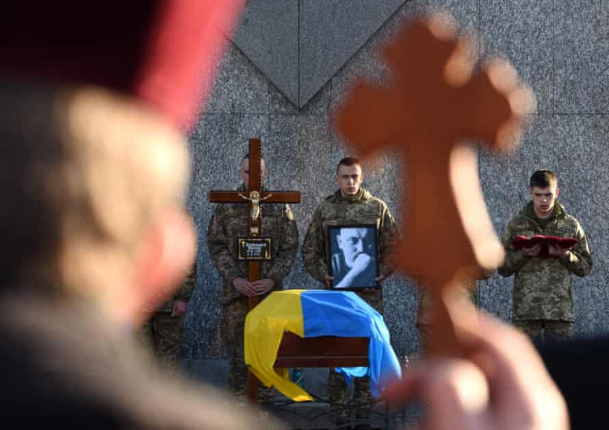 A funeral ceremony for Taras Bobanych at the Lychakiv Cemetery in the western Ukrainian city of Lviv.