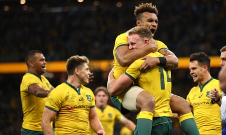 Australia celebrate after victory in the Rugby Championship and Bledisloe Cup Test in Perth.
