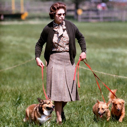 The Queen with some of her corgis walking the cross country course during the second day of the Windsor Horse Trials.