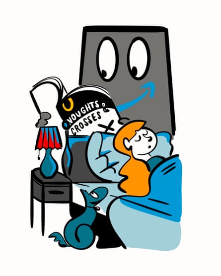 Illustration of a person in bed while an Amazon Echo reads a story