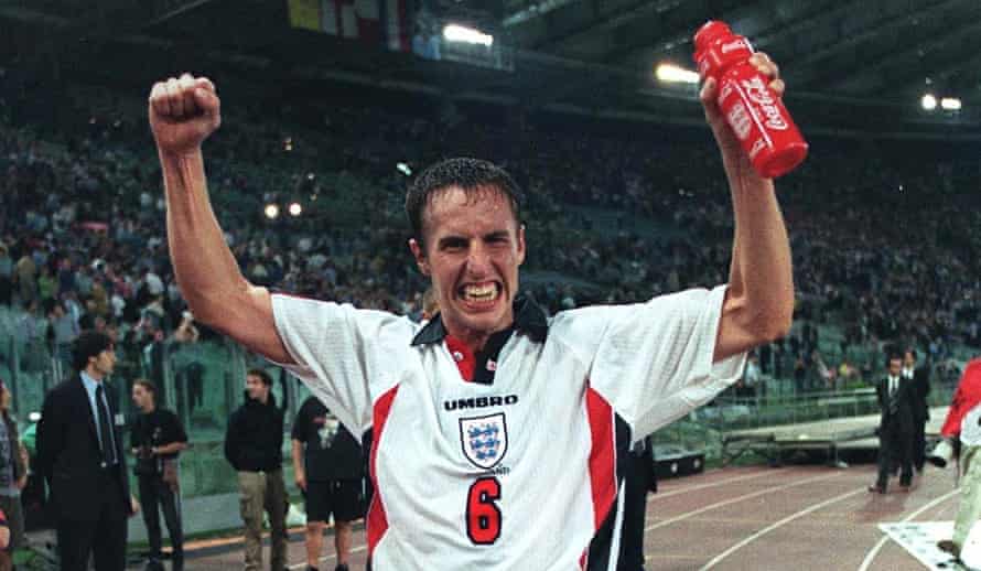 Gareth Southgate celebrates after England drew 0-0 in Rome against Italy on 11 October 1997 to qualify for the 1998 World Cup