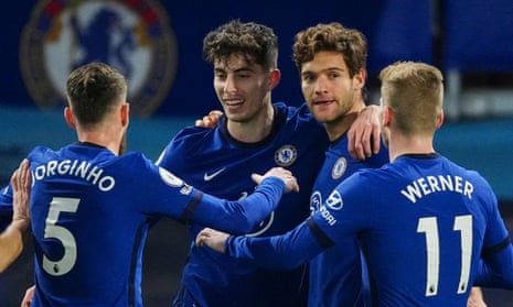 Jorginho, Kai Havertz, Marcos Alonso and Timo Werner of Chelsea celebrate after Chelsea an own-goal by Ben Godfrey’s gave them the lead.