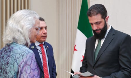 Syria’s de facto leader Ahmed al-Sharaa meeting with Debra Tice in Damascus.