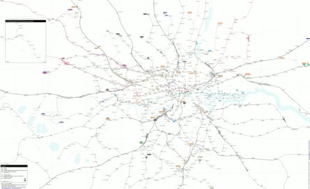 Everything in one map. Created by cartographer Franklin Jarrier, this map combines detailed track diagrams with the geographical layout of the entire network, showing every platform, line and interchange.