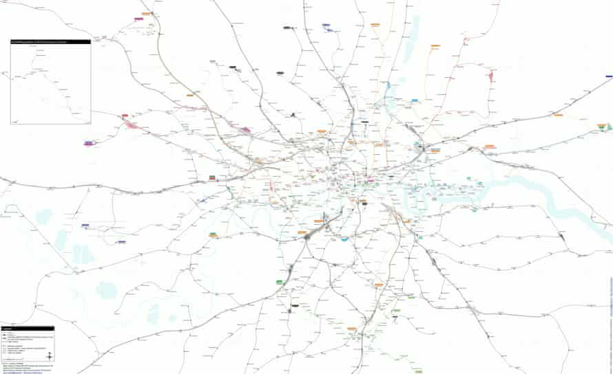 Everything in one map. Created by cartographer Franklin Jarrier, this map combines detailed track diagrams with the geographical layout of the entire network, showing every platform, line and interchange.