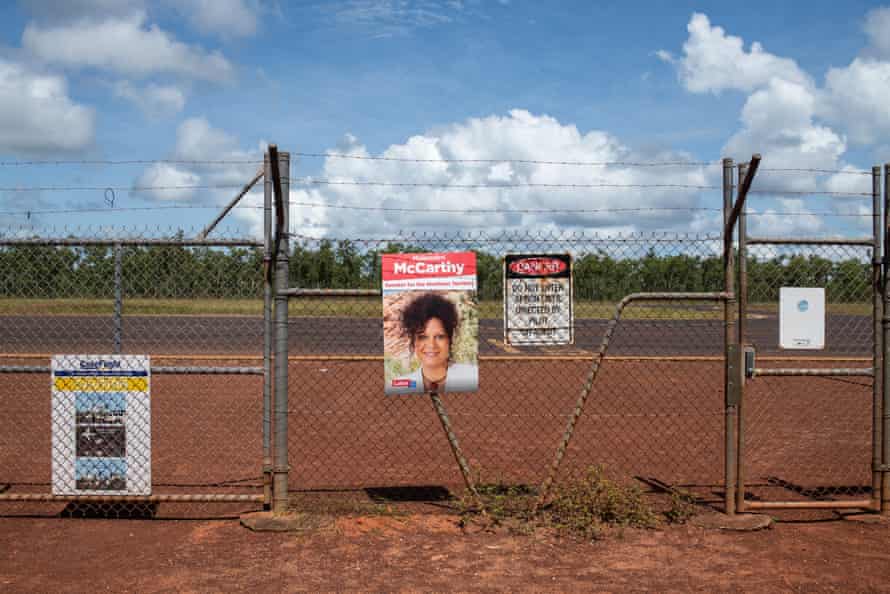 Corflute of Malarndirri McCarthy at Ramingining airport in the Northern Territory.
