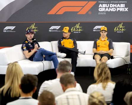 Max Verstappen (left) in a press conference with McLaren drivers Lando Norris (centre) and Oscar Piastri (right)