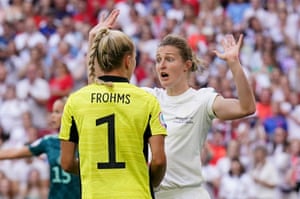 Ellen White clashes with Germany goalkeeper Merle Frohms.