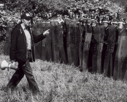 Arthur Scargill, then the NUM president, in front of the line of riot police at Orgreave