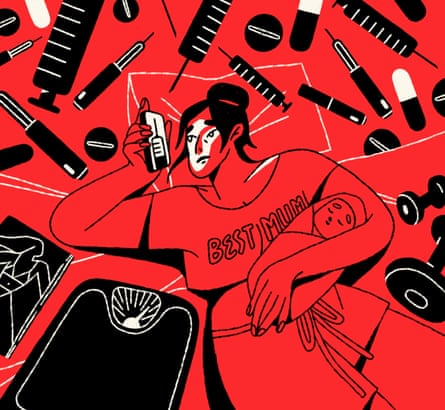 Illustration of a woman with a baby and a mobile, surrounded by imagery of weighing scales and syringes