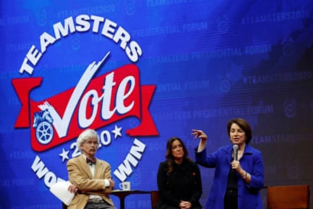 Senator Amy Klobuchar appears at the Presidential Candidate Forum in Cedar Rapids organised by the Teamsters and co-sponsored by the Guardian and the Storm Lake Times.