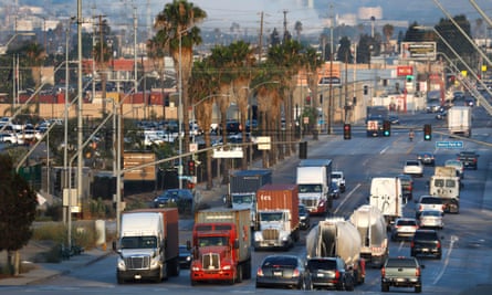 Truck and car traffic along East Anaheim Street, in Wilmington, California, on 31 July 2021. The vast majority of trucks moving in and out of the Ports of Long Beach and Los Angeles are diesel.