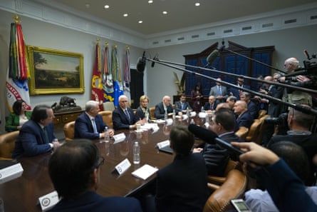 Mike Pence, center, speaks during a meeting with the Coronavirus Task Force and diagnostic lab executives at the White House in Washington, D.C.