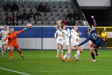 Alessia Russo fires home Arsenal's fourth goal at Leuven.