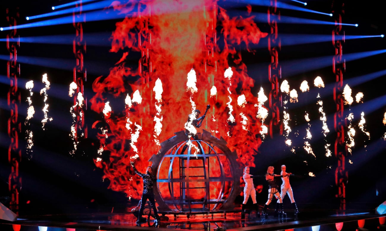 Iceland’s Hatari performs the song Hatrið Mun Sigra at the semi-final of the 2019 Eurovision song contest.