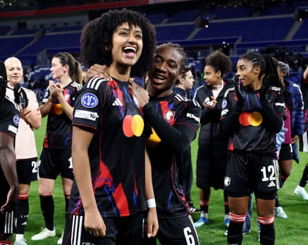 Lily Yohannes of OL Lyonnes celebrates with team mate Melchie Dumornay.